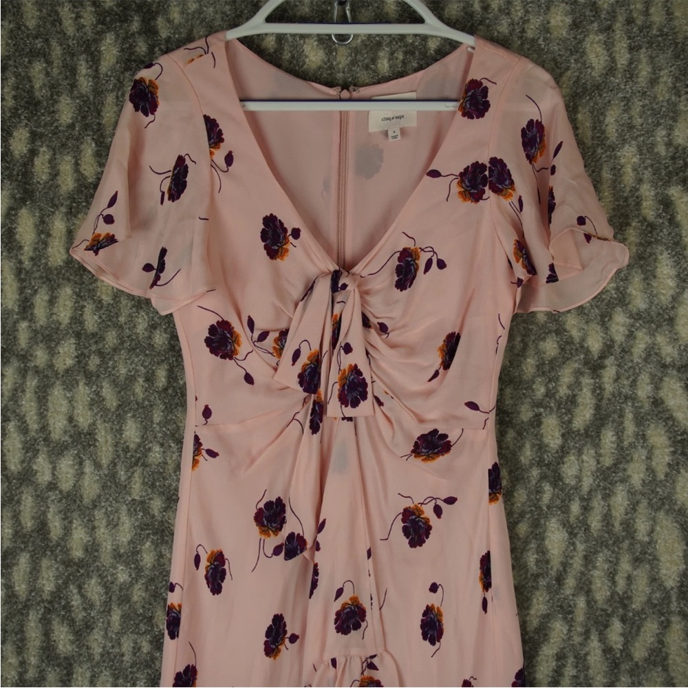 Cinq a Sept Midi Dress Blush Pink Floral Print Ruffle Trim Sz 4 Silk Bow Tie - Picture 3 of 15